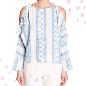NWT Line & Dot blue & white cold shoulder top size Medium